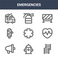 9 emergencies icons pack. trendy emergencies icons on white background. thin outline line icons such as emergency, heartbeat, fire