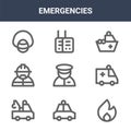 9 emergencies icons pack. trendy emergencies icons on white background. thin outline line icons such as fire, ambulance, receiver