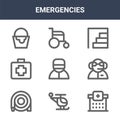 9 emergencies icons pack. trendy emergencies icons on white background. thin outline line icons such as hospital, emergency,