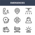 9 emergencies icons pack. trendy emergencies icons on white background. thin outline line icons such as siren, civilian, emergency