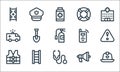 Emergencies line icons. linear set. quality vector line set such as firefighter helmet, stethoscope, high visibility vest,