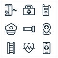 emergencies line icons. linear set. quality vector line set such as smartphone, pulse, ladder, placeholder, flashlight, police hat