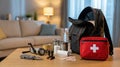 Emergency action plan supplies arranged on a wooden table, featuring a red first aid kit, flashlight, and backpack in a cozy Royalty Free Stock Photo