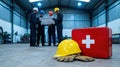Group of workers in safety helmets discussing emergency action plan in industrial workshop with first aid kit and protective gear Royalty Free Stock Photo