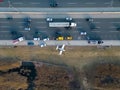 Emergency airplane landing on highway. Drone shot