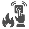 Emergency alarm button solid icon. Hand presses wall button and fire symbol glyph style pictogram on white background