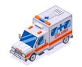 Emergency ambulance car isometric automobile van medicine transportation truck 3d retro lowpoly car isolated flat design