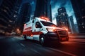 Emergency ambulance car moving fast on night american city downtown district.