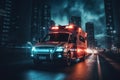 Emergency ambulance car moving fast on night american city downtown district.