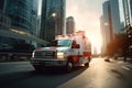 Photo of an emergency ambulance car moving fast on night american city downtown district with motion blur. Royalty Free Stock Photo