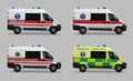 Emergency ambulance set. Special medical vehicles. Design of different countries of the world. Realistic image. Vector illustratio