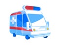 Emergency Ambulance Van with Red and Blue Signaling Siren on Roof Front View. Automobile for Diseased Patients