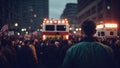 Emergency ambulance vehicle and medical worker on street during political gathering protest, generative ai