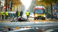 Emergency arriving at the scene of a bicycle accident in a city, with onlookers and traffic lights Royalty Free Stock Photo