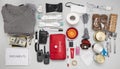 Emergency backpack equipment organized on the table. Royalty Free Stock Photo