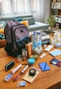 Emergency backpack equipment organized on the table Royalty Free Stock Photo