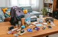 Emergency backpack equipment organized on the table Royalty Free Stock Photo