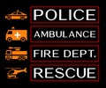 Emergency banners with ambulance, fire dept, rescue and police i Royalty Free Stock Photo