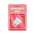 Emergency box with medical facial masks in red case of breakable glass. Shortage Coronavirus Phenomenon concept. COVID-19