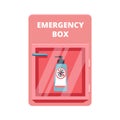 Emergency box with sanitized gel in red case of breakable glass. Shortage Coronavirus Phenomenon concept. COVID-19 protection.