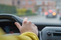 Emergency braking by car. Windshield and perspective of the road. Steering. Selected Focus. Hand of woman on a car steering wheel Royalty Free Stock Photo