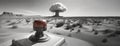 Emergency Button in Desert Landscape with Nuclear Explosion. An emergency stop button is ominously positioned in a