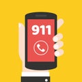 Emergency call 911 concept. Hand holding mobile phone