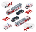 Emergency concept. Ambulance, Police, Fire truck, cargo truck, helicopter, emergency number 911. Flat 3d isometric