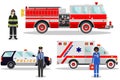 Emergency concept. Detailed illustration of female firefighter, doctor, policeman with fire truck, ambulance and police car in fla