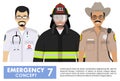 Emergency concept. Detailed illustration of firefighter, doctor and policeman sheriff in uniform standing together in flat style o