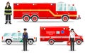 Emergency concept. Detailed illustration of firefighter, doctor, policewoman with fire truck, ambulance and police car