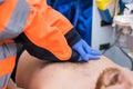 Emergency doctor resuscitate a patient in ambulance. CPR resuscitation. Royalty Free Stock Photo