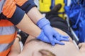 Emergency doctor resuscitate a patient in ambulance. CPR resuscitation. Royalty Free Stock Photo