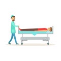 Emergency doctor transporting injured man on emergency medical stretcher, first aid vector Illustration