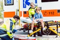 Emergency doctors caring for accident victim boy Royalty Free Stock Photo