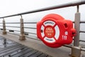 Emergency Equipment and Life Preserver at Pier 84 at Hudson River Park during a Rainy and Foggy Day in New York City