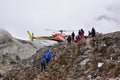 Emergency evacuation chopper helicopter for extreme weather cases at snow covered Everest Base Camp EBC, Nepal