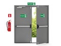 Emergency exit doors and fire extinguisher on white background isolated on white background Royalty Free Stock Photo
