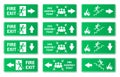 Emergency exit green signs, fire exit, fire assembly point symbols. Evacuation lane, running man and arrow sign green