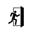 Emergency exit. Sign of fire exit. Icon for safety escape. Black door and human on white background. Symbol of evacuation. Signage Royalty Free Stock Photo