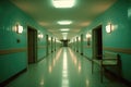 emergency exit sign glowing in a hospital corridor