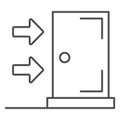 Emergency exit thin line icon, Safety engineering concept, exit sign on white background, navigation arrows and door