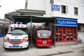 Emergency fire equipment station for firefighter and caution label at Shantou downtown or Swatow city in Guangdong, China