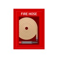 Emergency fire hose inside red metal wall box with glass. Flame prevention tool. Colorful flat vector icon Royalty Free Stock Photo