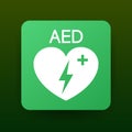 Emergency first aid defibrillator sign. White heart icon and white cross icon. Vector stock illustration