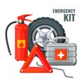 Emergency first aid kit and necessary auto service equipment vector