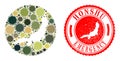 Emergency Grunge Badge and Covid Virus Mosaic Hole Honshu Island Map in Camo Army Colors