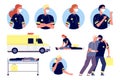 Emergency help. Paramedics characters, first aid and saving people. Medical team working, ambulance and doctors avatars