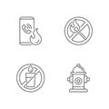 Emergency instructions for fire safety linear icons set