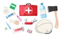 Emergency kit. Cartoon survival evacuation equipment with medical pills flashlight helmet bottle, preparedness first aid tools.